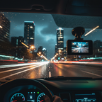 GuardEye Dash Cam mounted on windshield night driving