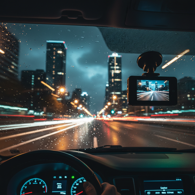 GuardEye Dash Cam mounted on windshield night driving