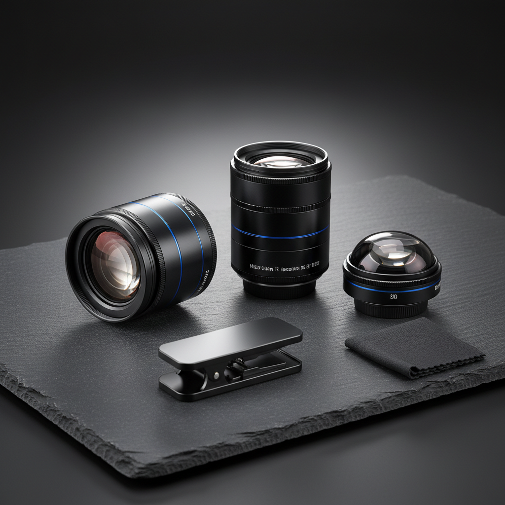 SnapPro lens kit flat lay on dark surface