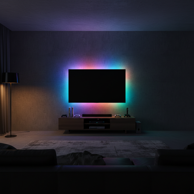 LumiGlow LED strips behind TV setup